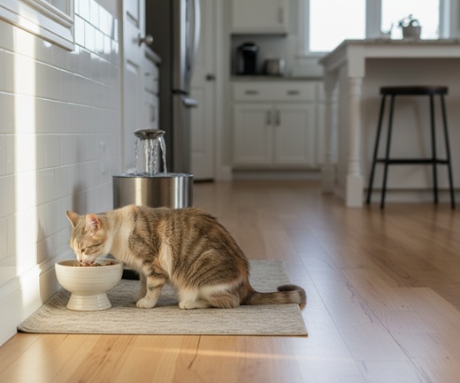 A senior tabby cat eating soft, wet food from a raised bowl to help with posture, with a pet water fountain nearby to encourage better hydration in older cats.